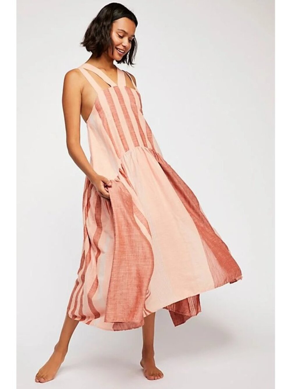 Free People Joyel Striped Midi Dress S Pink Cream Cotton Boho Festival Resort